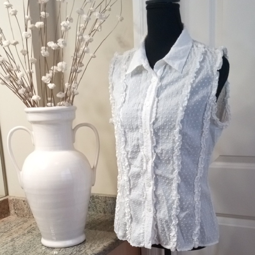 Moda International White Ruffle Button-Down Shirt. Size Medium